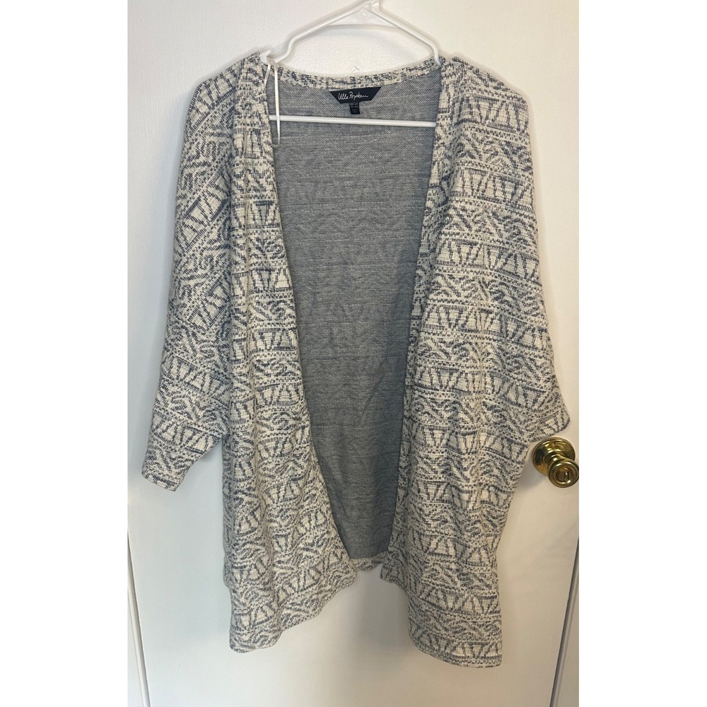 Ulla Popken Size 28/30 Ivory & Navy Geometric Knit Open Front Cardigan